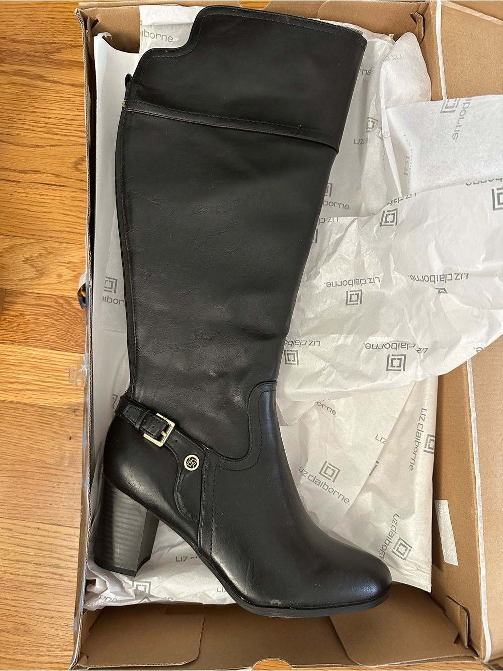 Liz Claiborne Black Leather Knee-High Heeled Boots with Buckle